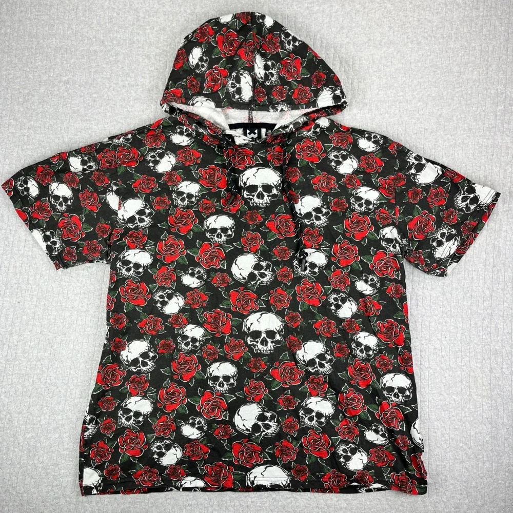 Skulls and roses death punk‎ rock/roll Short Sleeve Hoodie Men/Women XL Black